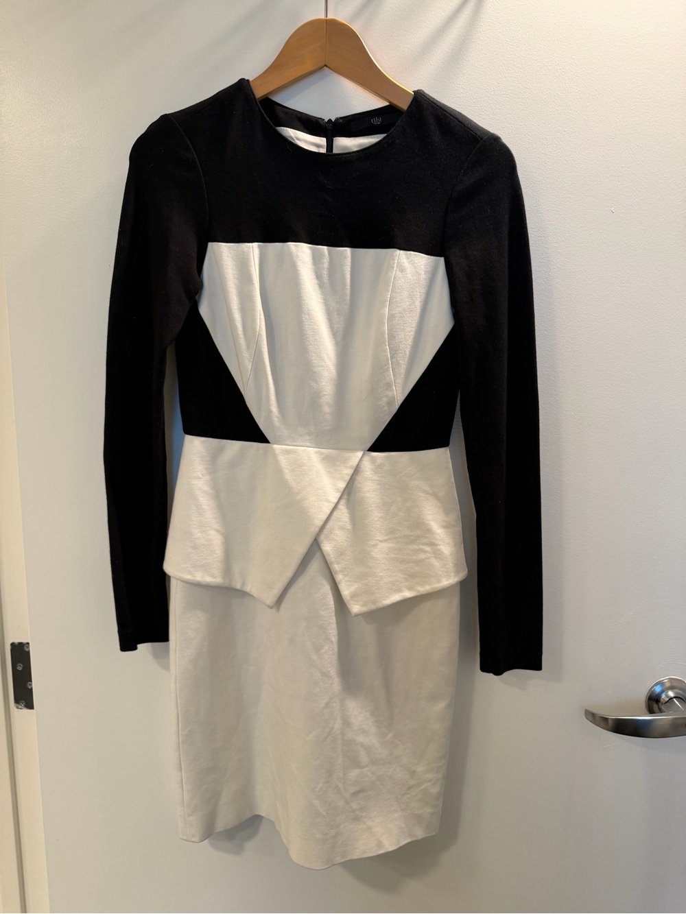 Tibi Black and White Long Sleeve Peplum Sheath Dress